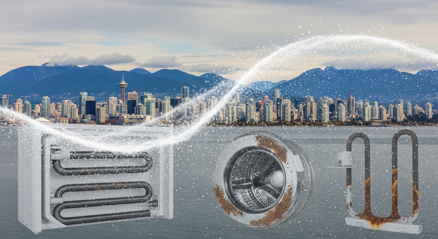 A close-up of a corroded appliance component, illustrating how Vancouver's coastal climate damages appliances.