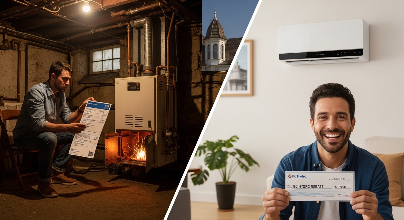 A modern energy-efficient home in Vancouver with icons representing available rebates for heat pumps and other upgrades.