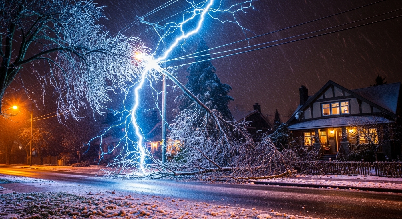 Power line sparking during a Vancouver ice storm, illustrating electrical infrastructure failure