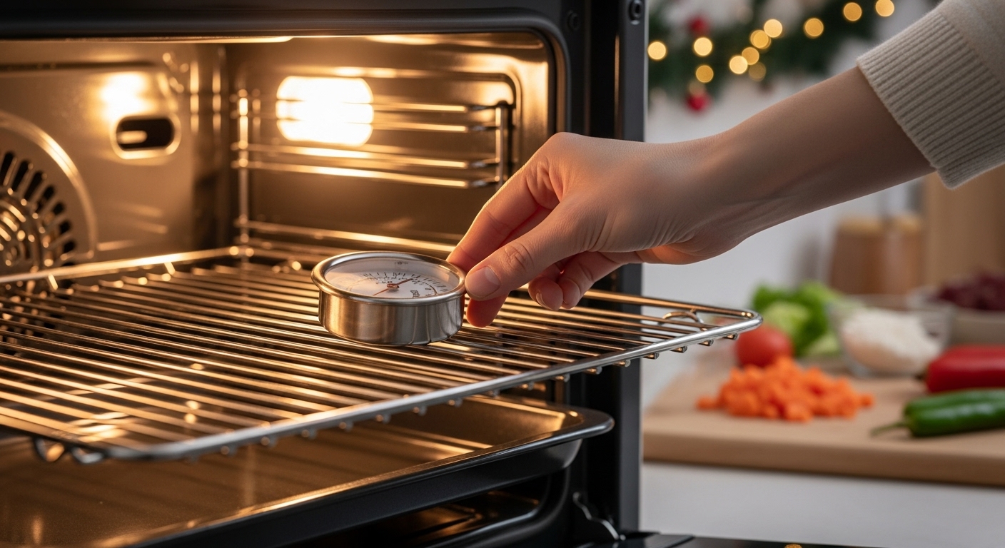 Calibrating oven temperature with a thermometer for holiday cooking