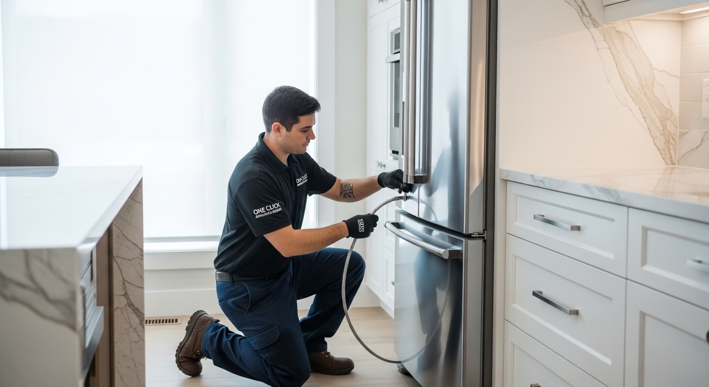 Technician reconnecting appliances in a Vancouver kitchen