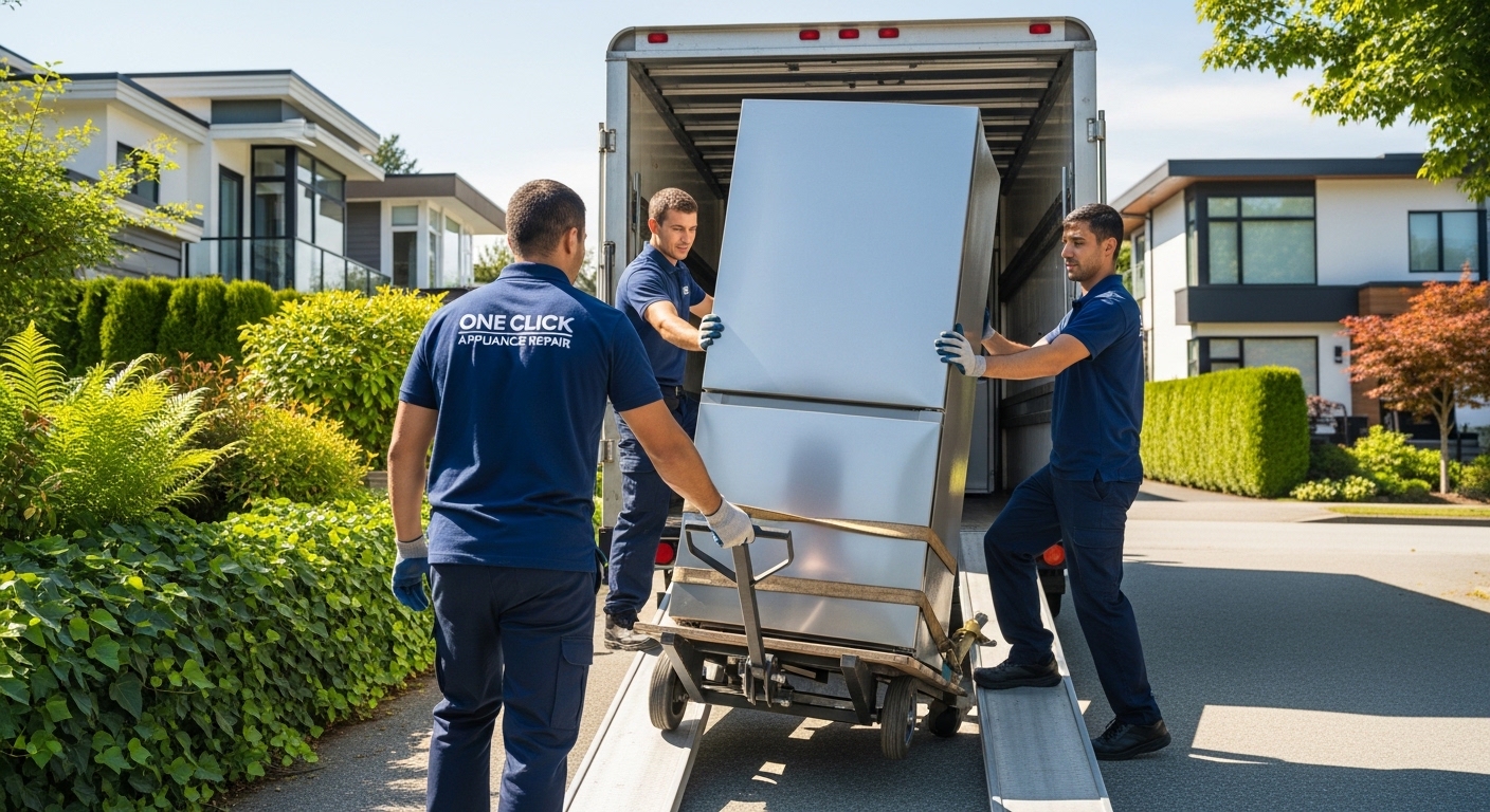 Professional appliance movers using a dolly in Vancouver