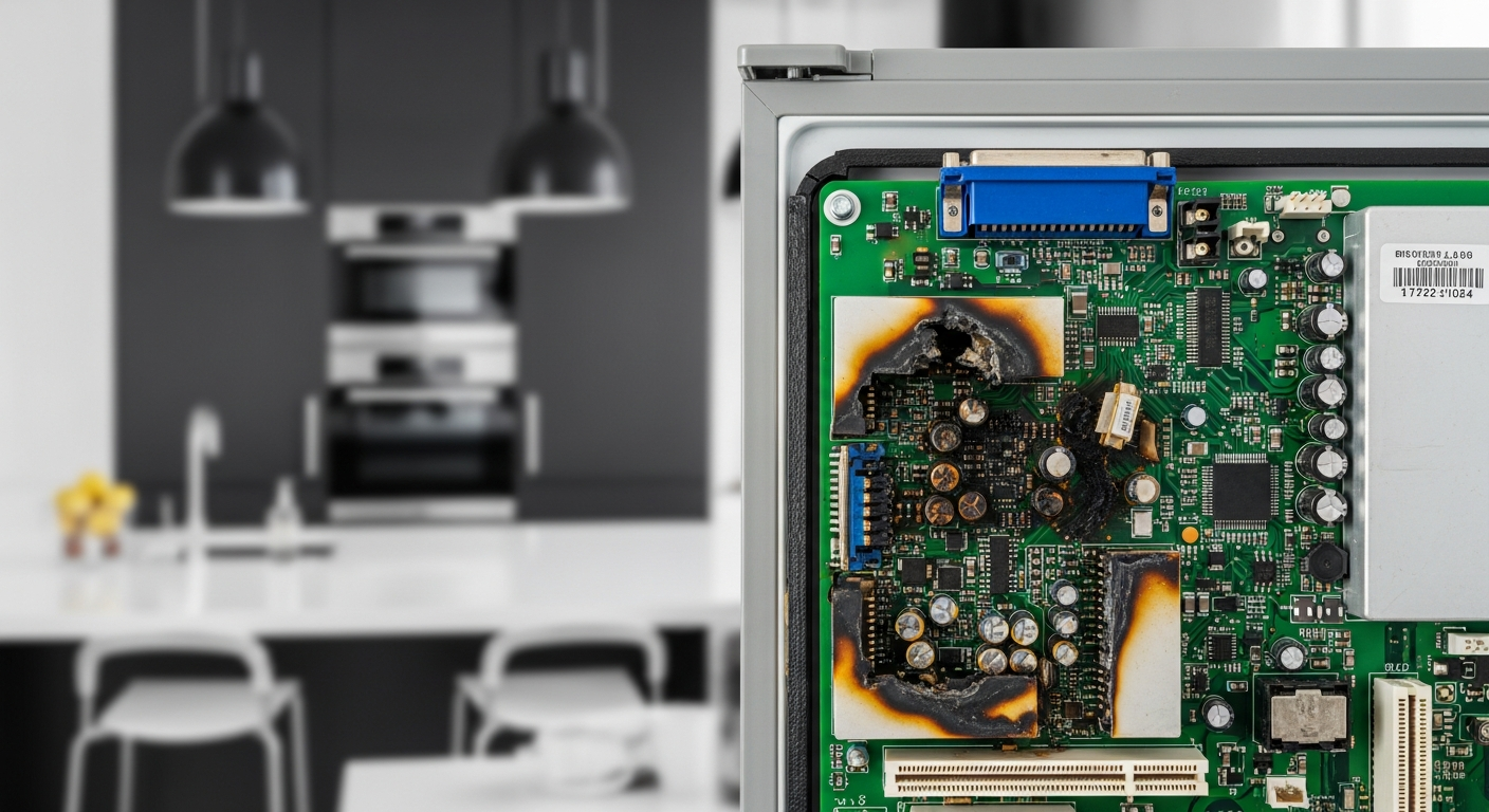 Burnt smart appliance circuit board from power surge damage