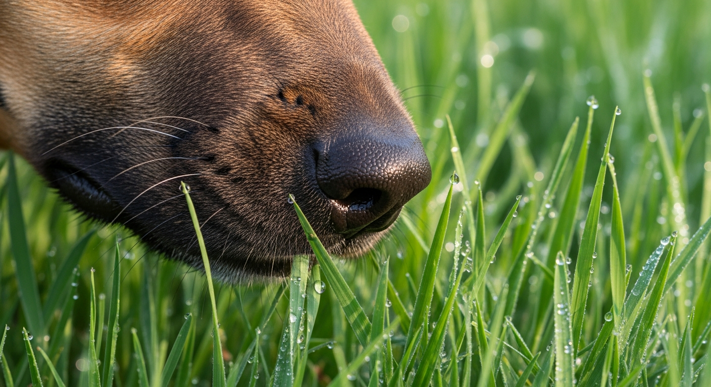 dog sniffing lawn grass close up