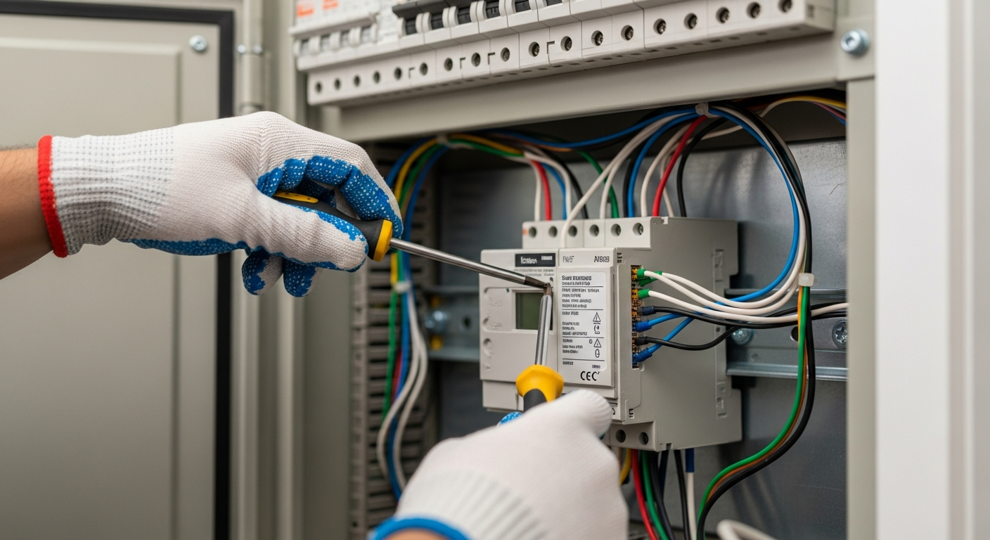 Electrician installing whole home surge protection in a Vancouver residence