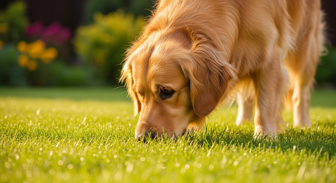 golden retriever eating grass backyard