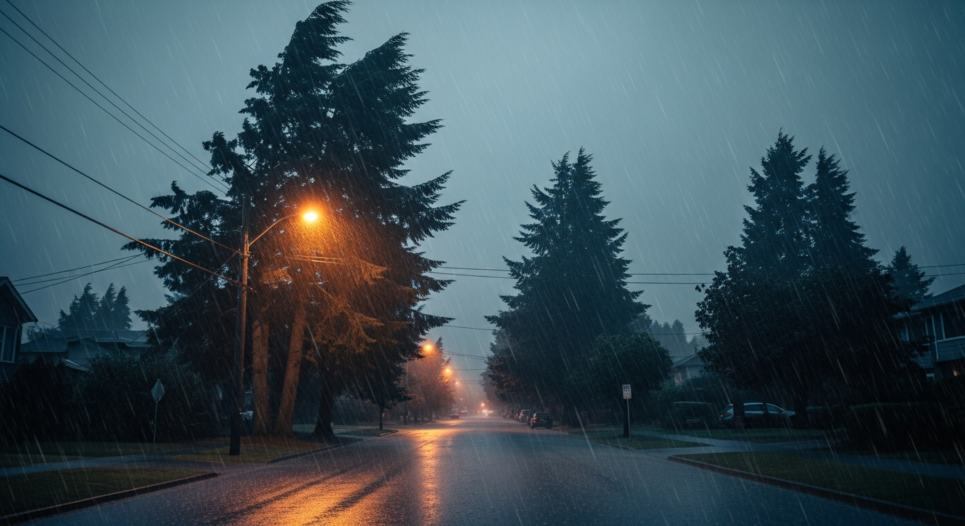 Vancouver storm power lines at night during an outage