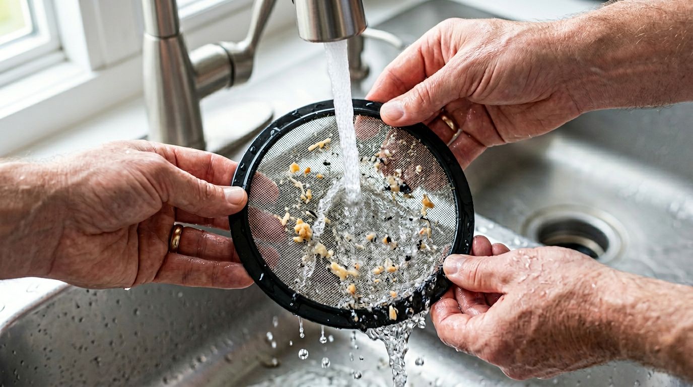 Cleaning dishwasher filter under running faucet water