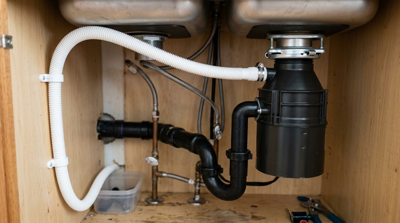 Dishwasher drain hose connected to a garbage disposal unit