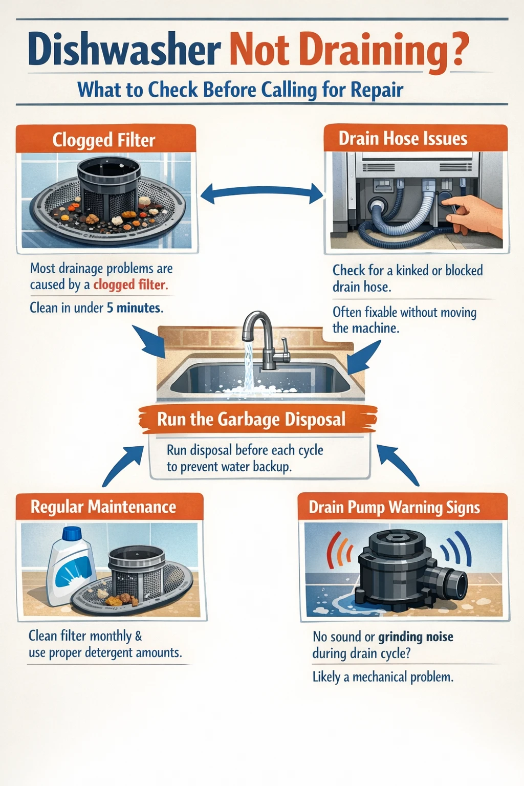 Dishwasher not draining troubleshooting infographic